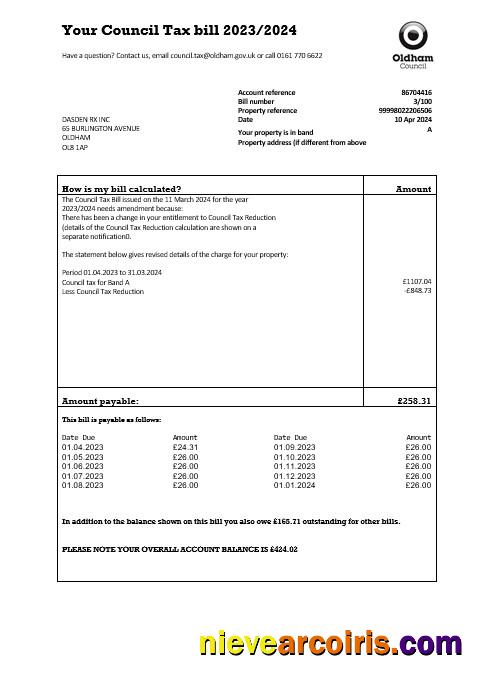 United Kingdom Oldham council tax business utility bill